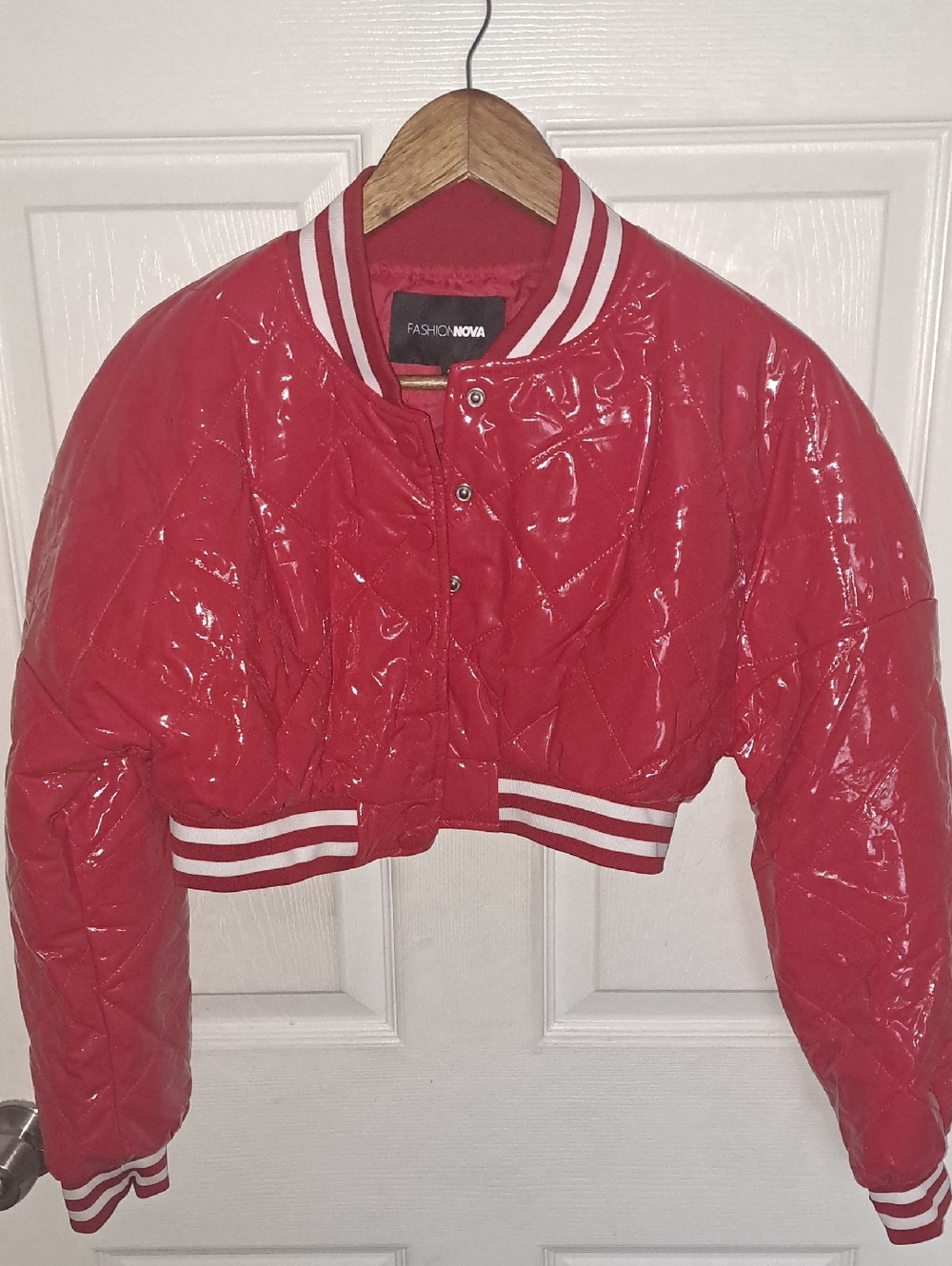 Fashion Nova Shiny Red Quilted Cropped Varsity Jacket
